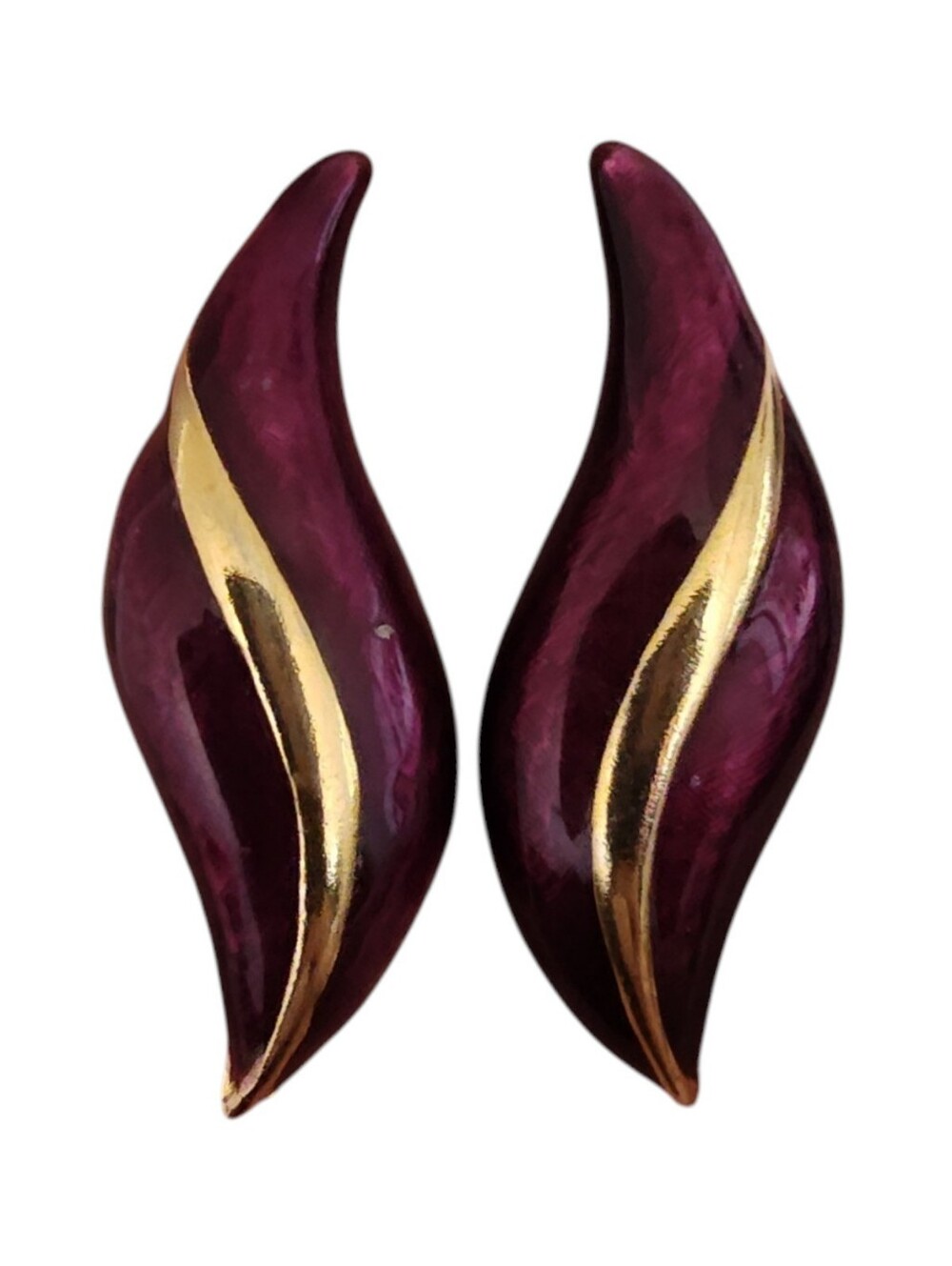 Burgundy Plum Enamel & Gold Tone Swirl Statement Earrings